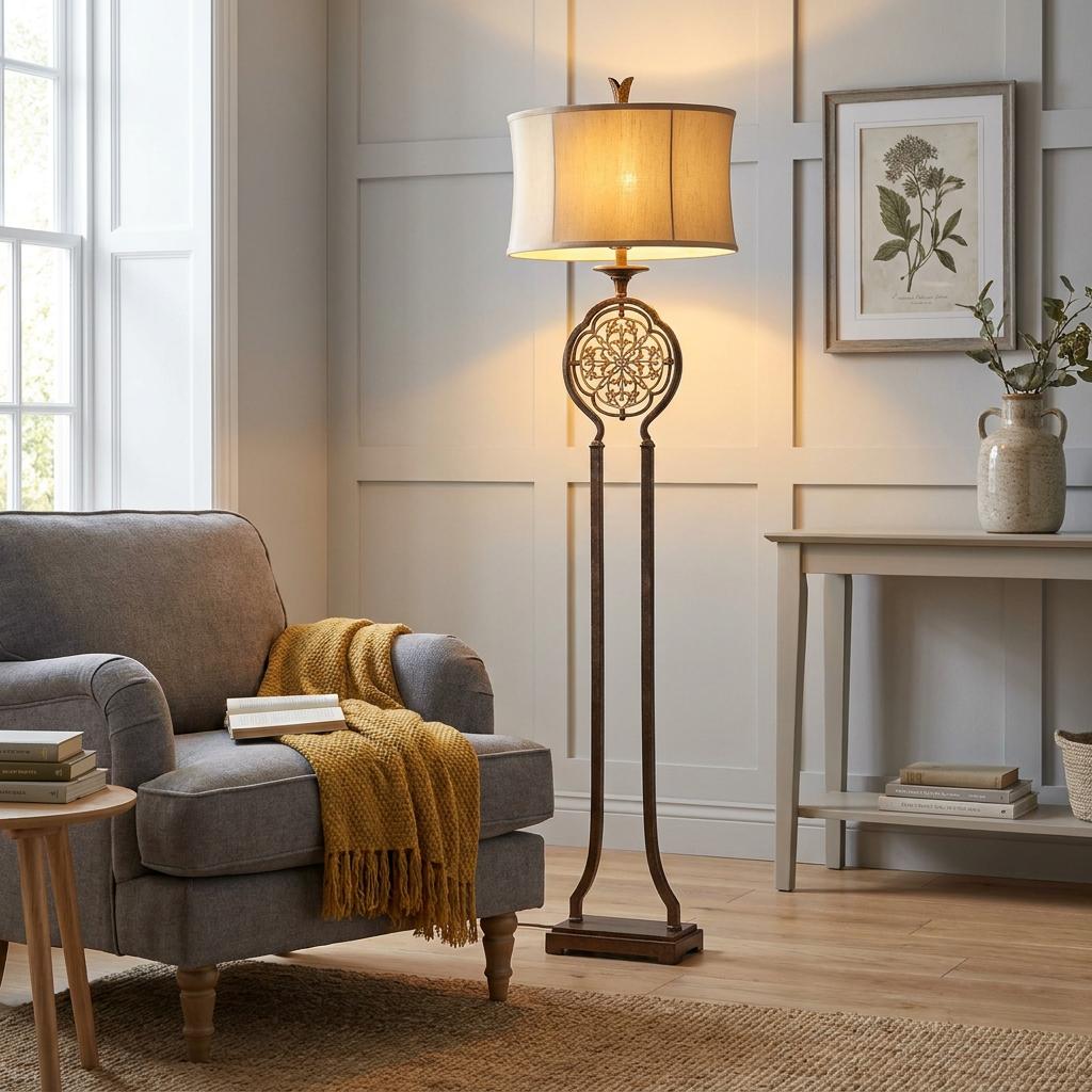 Ornate bronze Feiss Marcella floor lamp with a beige shade stands beside a grey armchair in a lit living room.