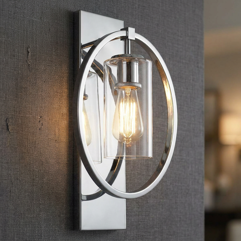 Polished chrome wall light with a circular frame and clear glass cylinder shade, mounted on a grey textured wall.