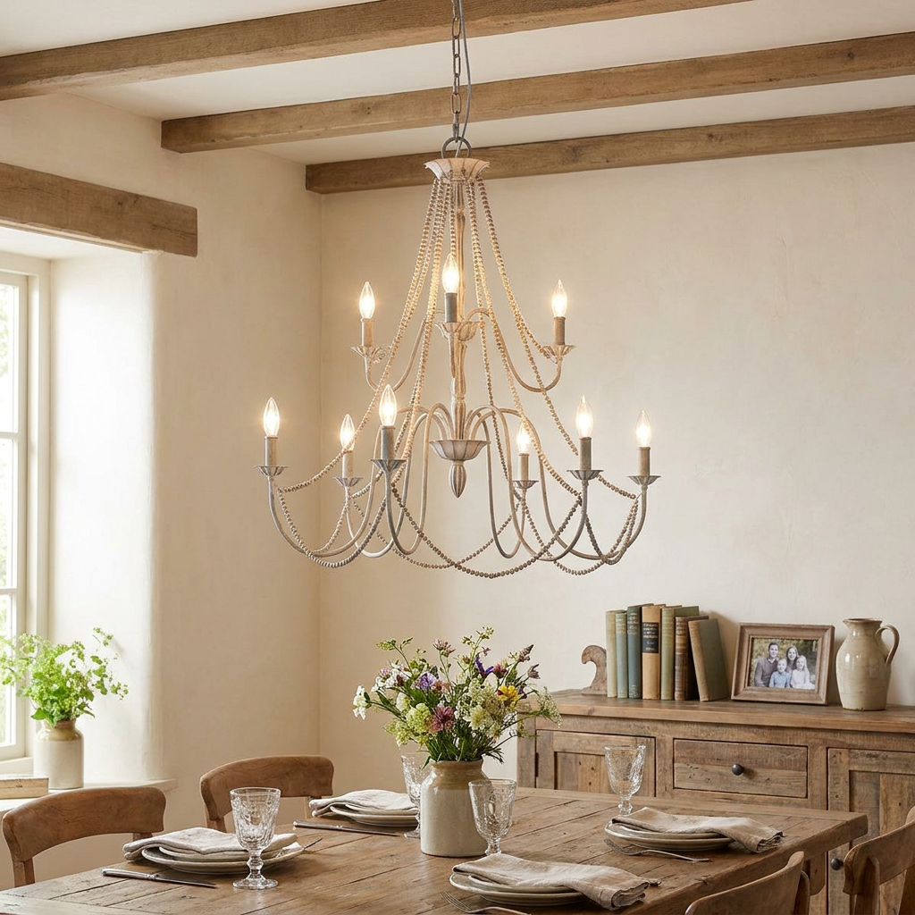 Feiss Maryville 9-light grey chandelier with draped beads hanging over a rustic wooden dining table.