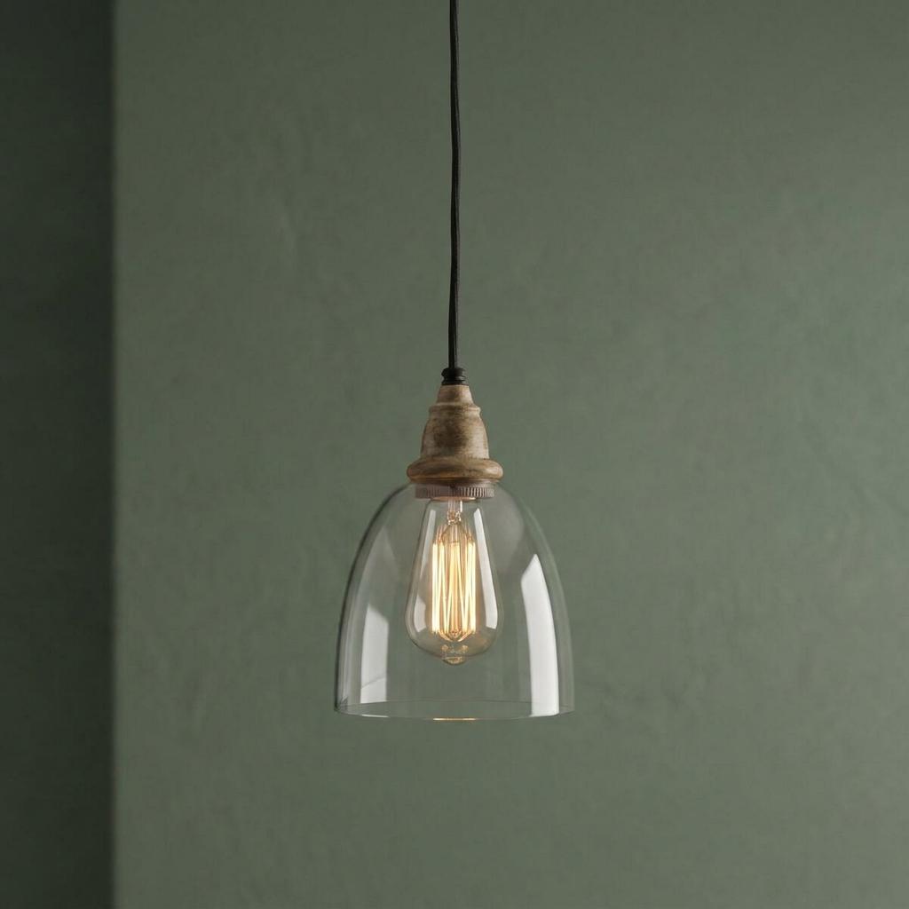 Feiss Matrimonio mini pendant light with a clear glass dome shade and driftwood socket against a green wall.