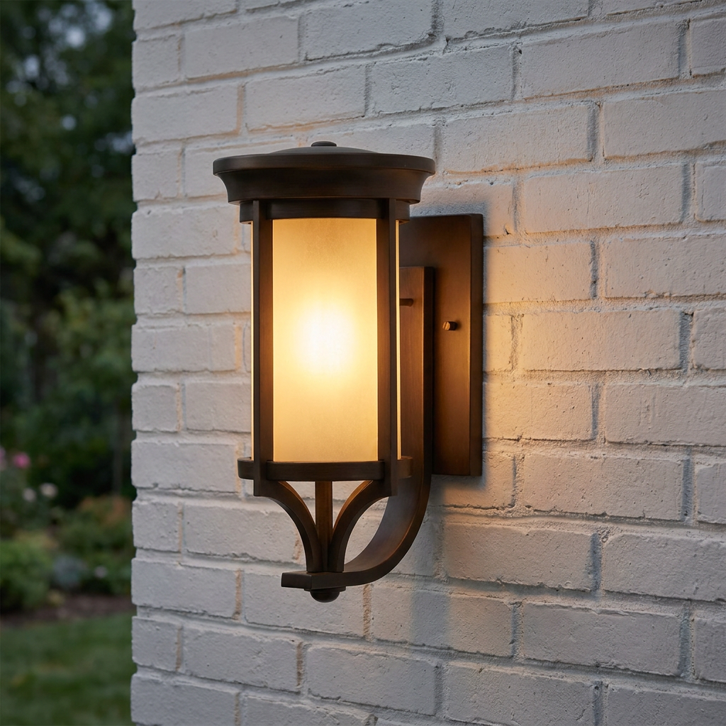 Bronze outdoor wall light with a frosted glass shade glowing against a white brick wall.