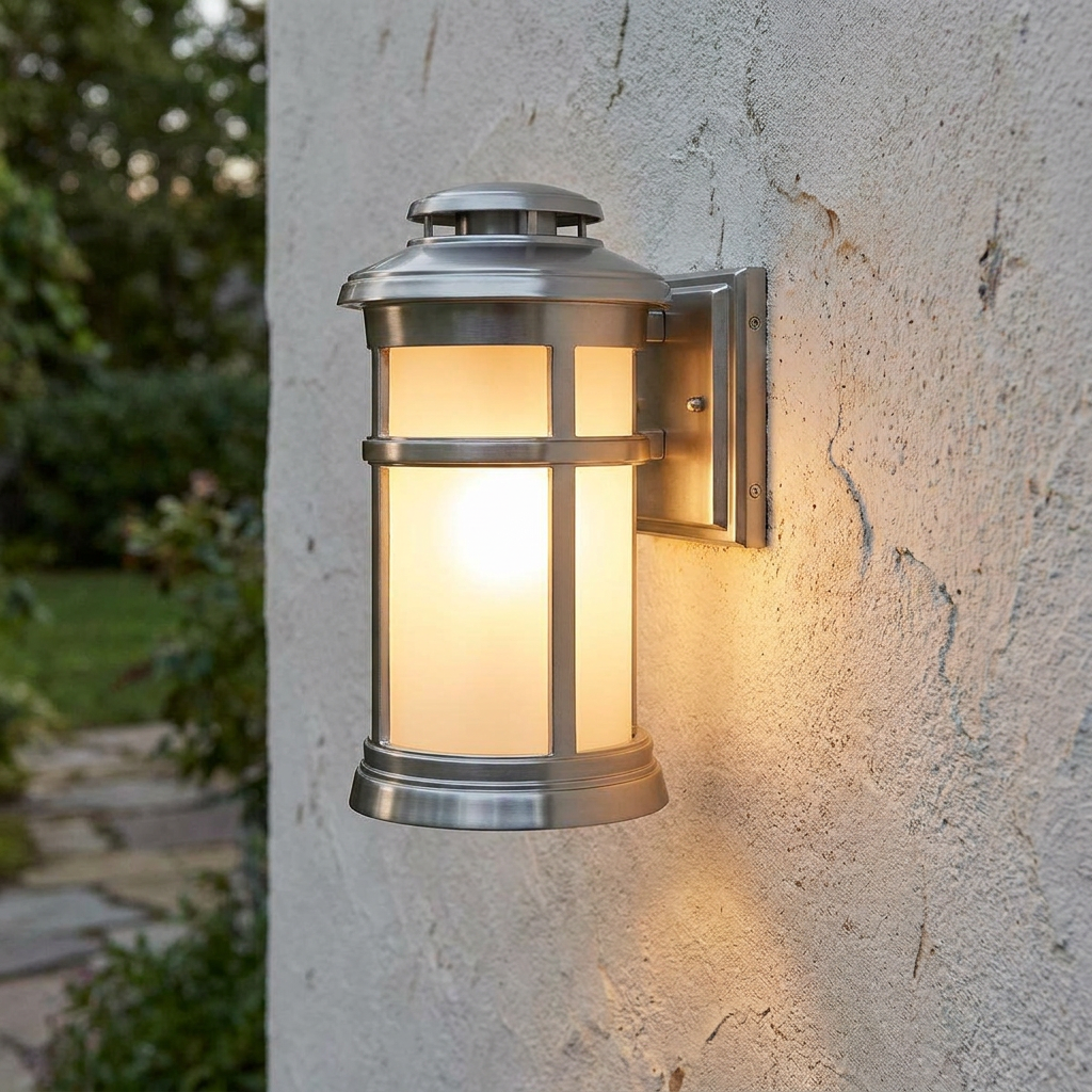 A brushed steel nautical outdoor wall lantern with a frosted glass shade glowing on a textured exterior wall.