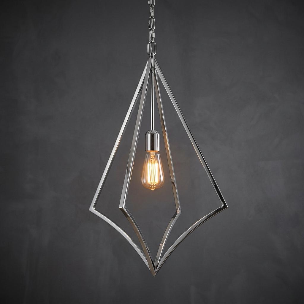 Geometric polished chrome diamond pendant light with a single Edison bulb against a dark gray background.