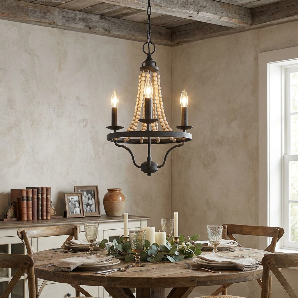 A Feiss Nori 3-light chandelier with dark zinc finish and wooden beads hanging above a rustic dining table.