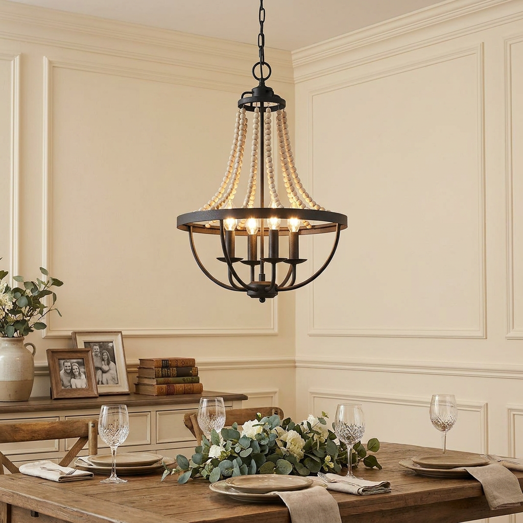 Feiss Nori 4 Light Zinc & Wood Bead Chandelier hanging over an elegantly set dining table in a neutral room.