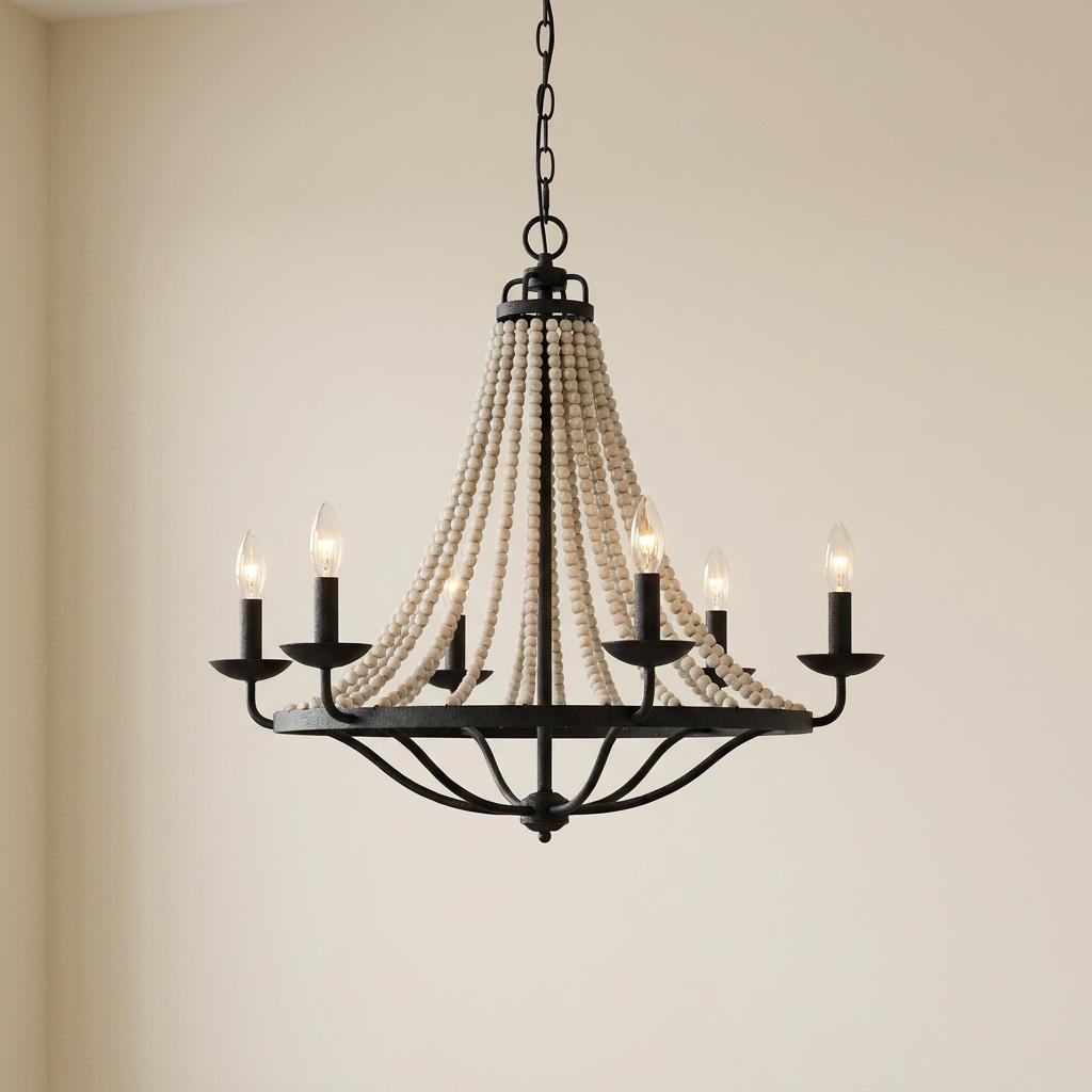 Feiss Nori 6-light zinc chandelier featuring grey wood beads draped in a conical shape with candle-style bulbs.