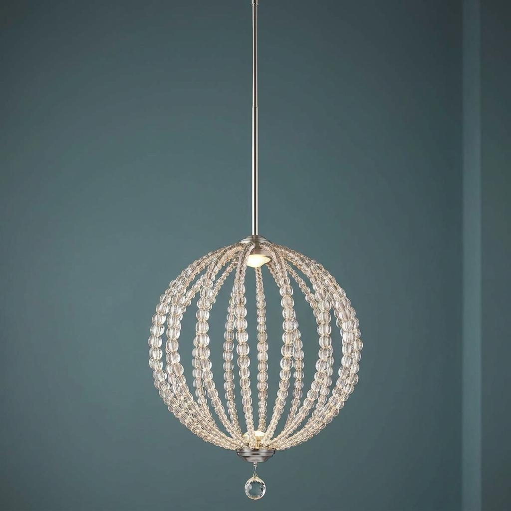 Feiss Oberlin Medium LED Pendant featuring a spherical cage of crystal beads and satin nickel accents.