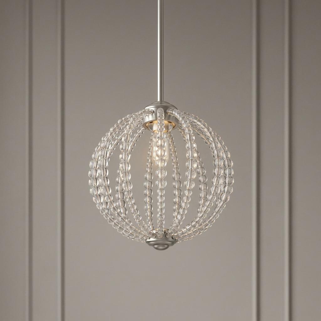 A satin nickel LED pendant light featuring a spherical cage of clear glass beads against a neutral paneled wall.