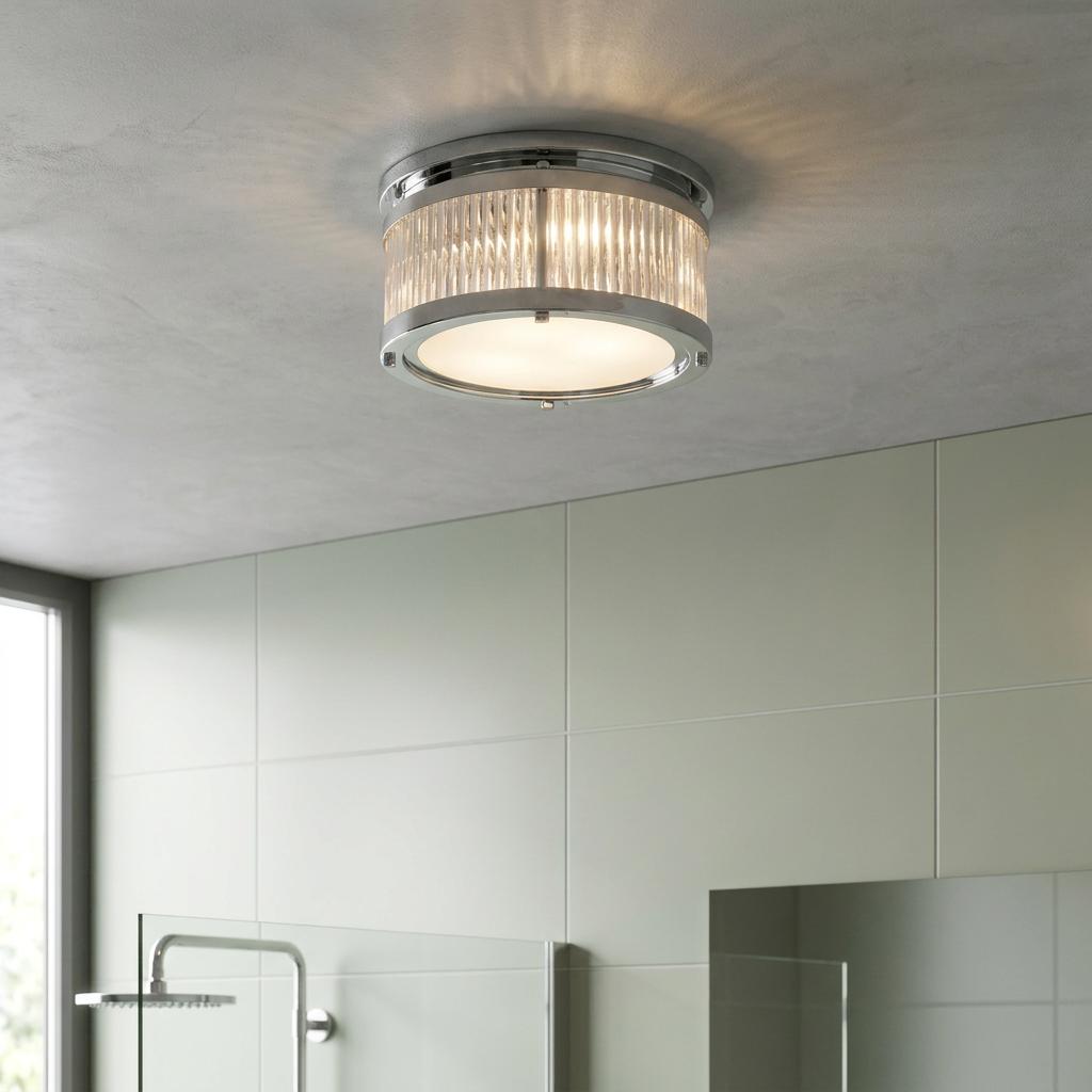 Feiss Paulson chrome flush ceiling light with ribbed glass panels illuminated in a modern bathroom.