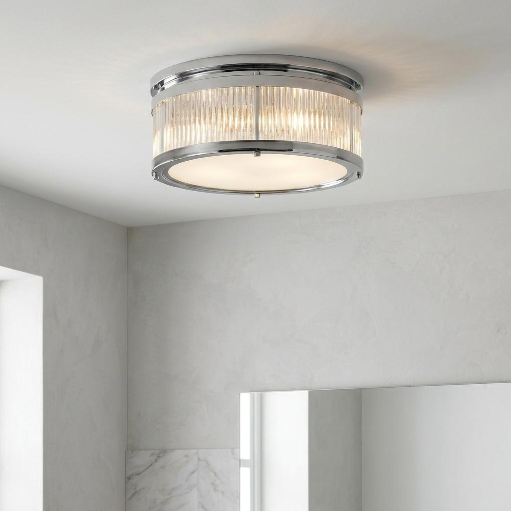 Feiss Paulson 3-light flush chrome bathroom ceiling light with glass rods and an opal glass diffuser.