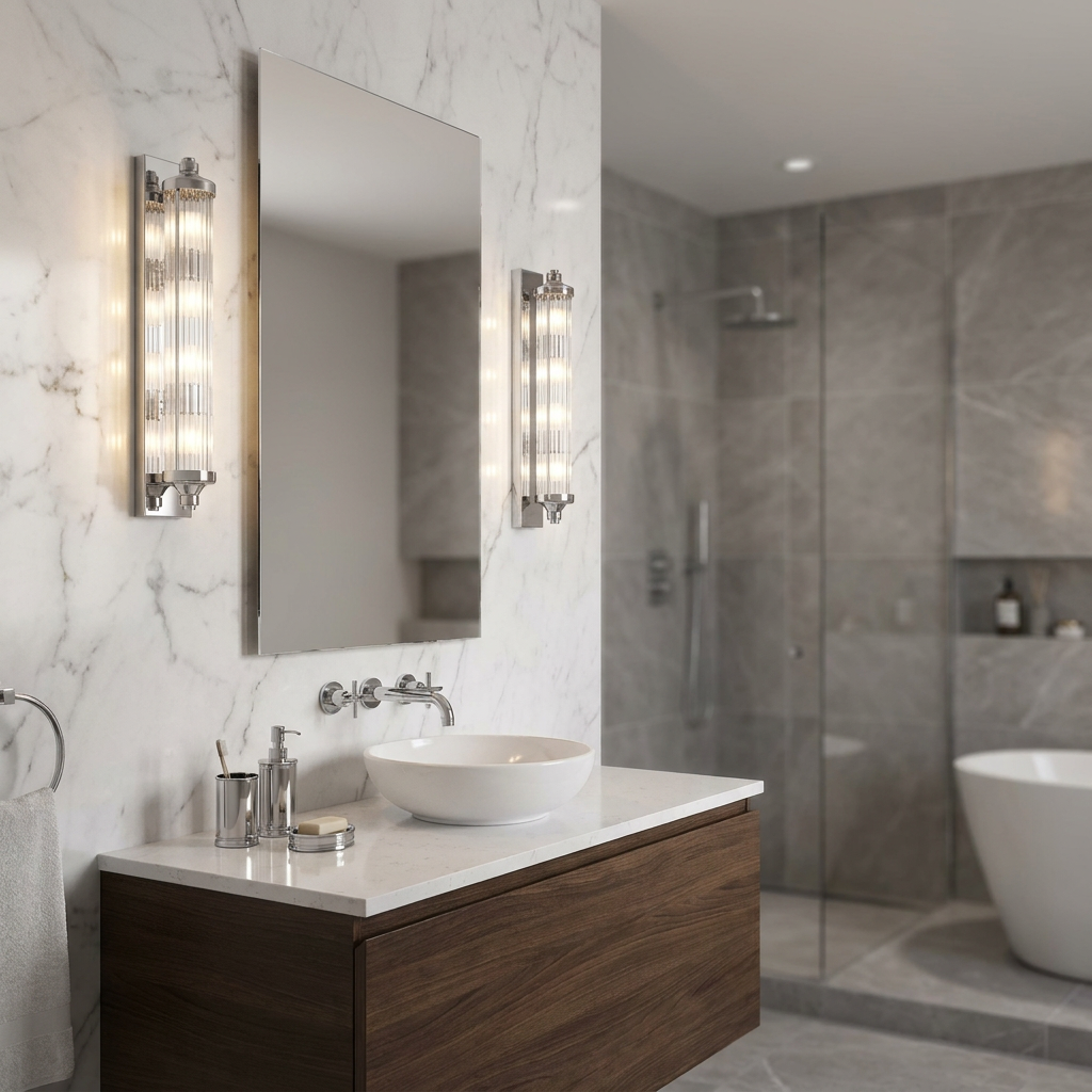 Two Feiss Paulson chrome wall lights with glass rods illuminate a modern marble bathroom vanity area.