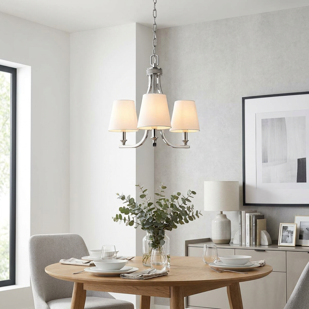 A three-light chandelier with white shades and a polished nickel frame hanging above a wooden dining table.