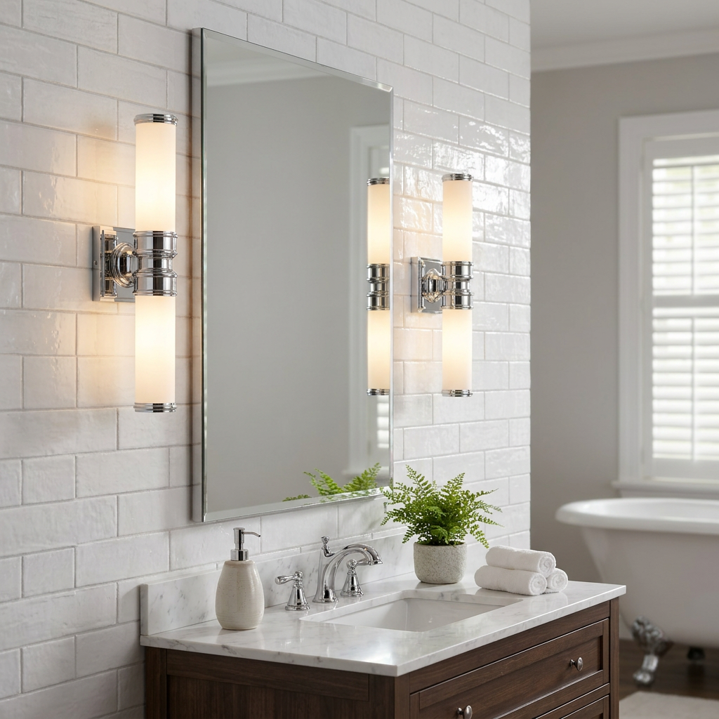 Two chrome twin-arm wall lights with opal glass cylinders flanking a bathroom mirror on white subway tiles.