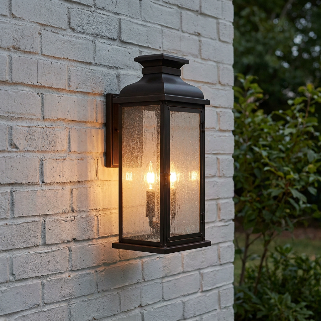 Feiss Pediment outdoor wall lantern with two glowing bulbs, mounted on a white brick wall.