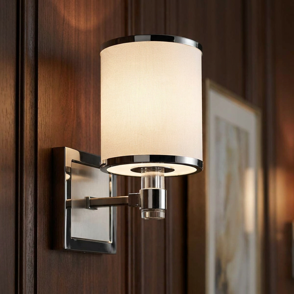 Modern wall light with a white fabric shade and chrome accents, mounted on dark wood paneling.