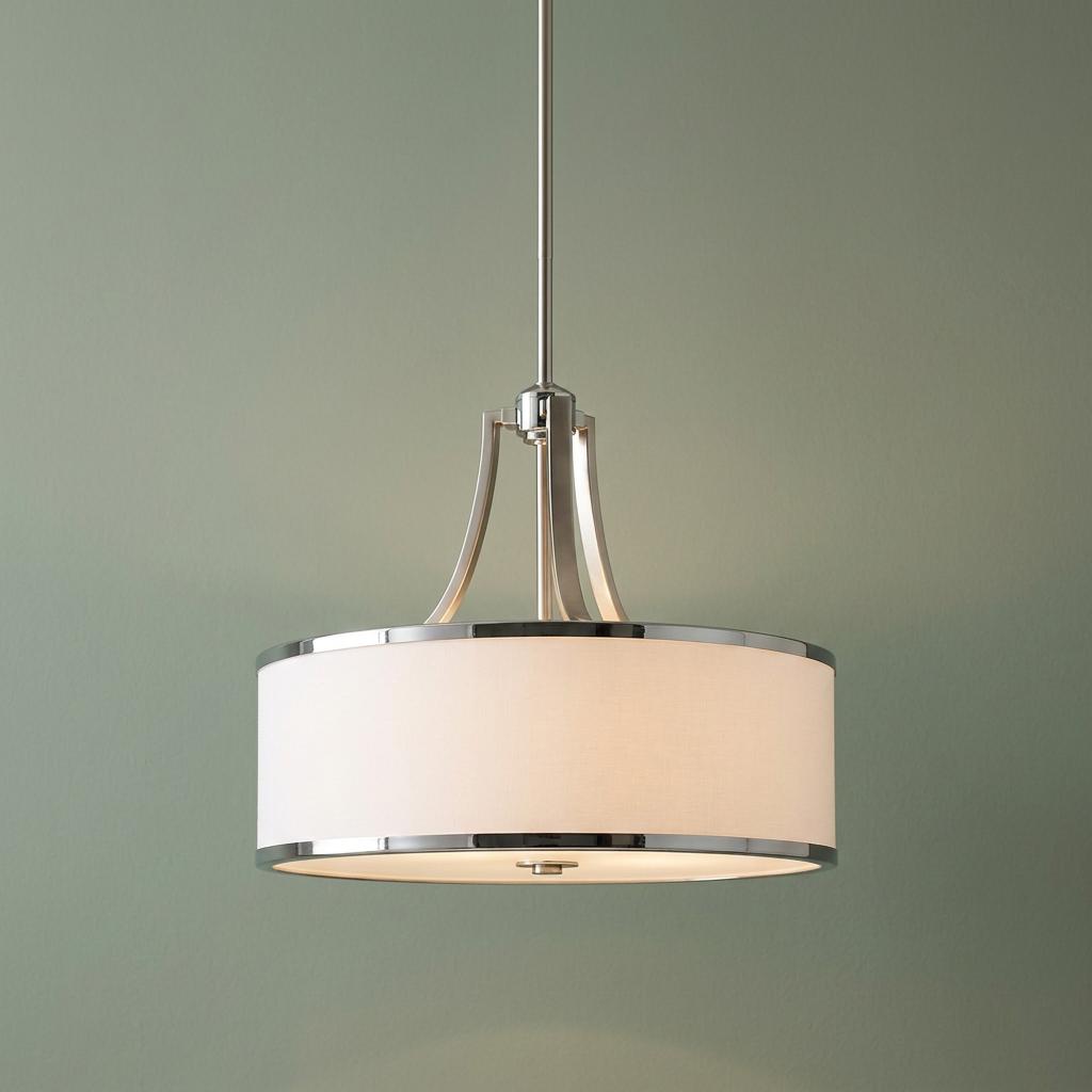 Feiss Prospect Park 4-light pendant with chrome finish and white drum shade against a sage green wall.
