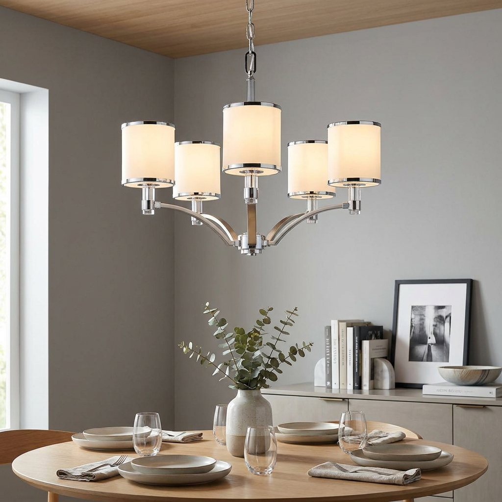 Feiss Prospect Park 5-light chandelier with opal glass shades hanging over a modern dining room table.