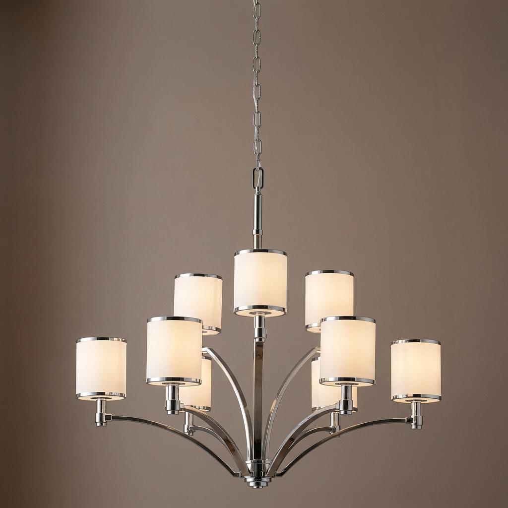 Nine-light chandelier with curved polished nickel arms and cylindrical white glass shades.