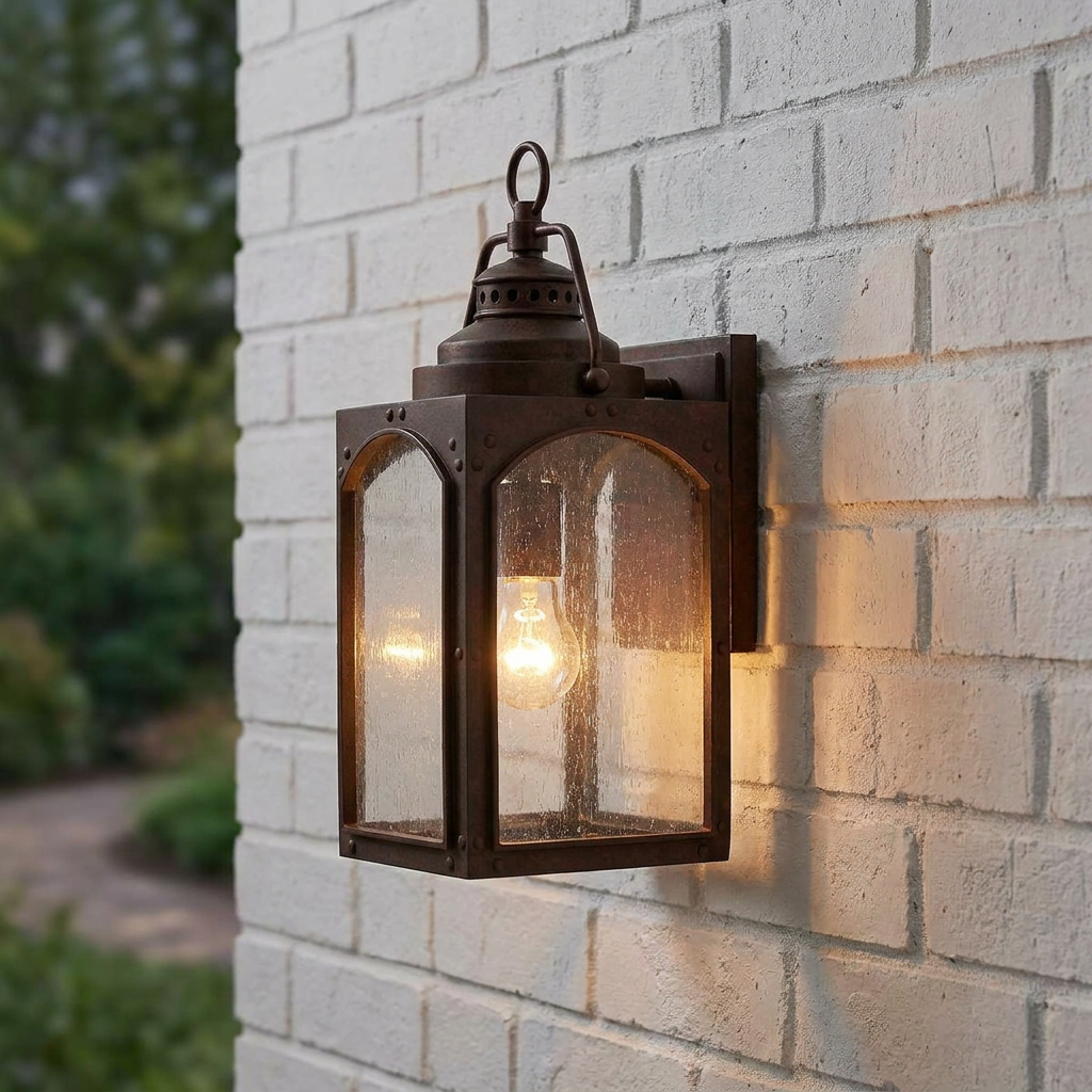 Feiss Randhurst copper outdoor wall light with seeded glass panels glowing on a white brick wall.