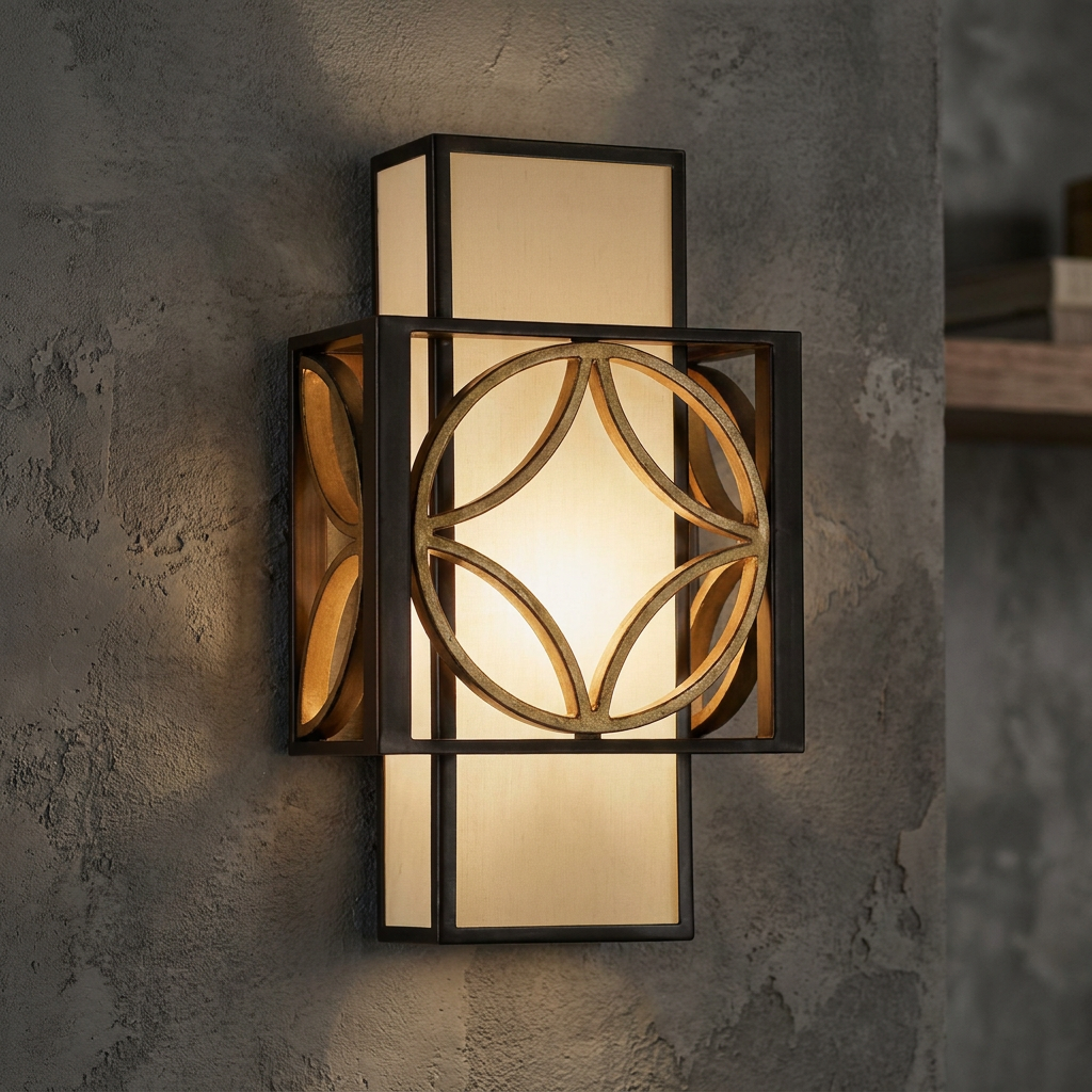 Modern Feiss Remy wall light with a heritage bronze frame and gold circle patterns on a textured grey wall.