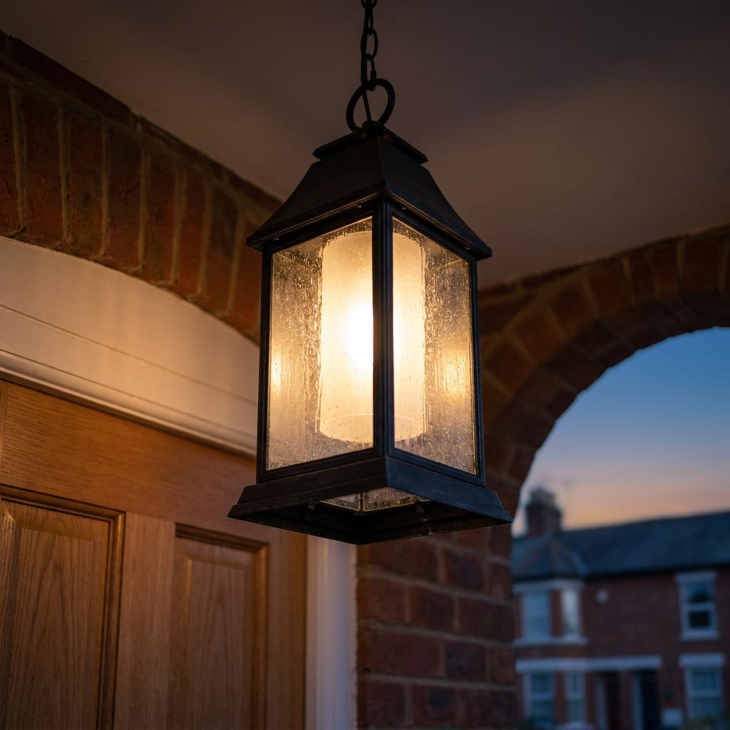 A lantern-style outdoor pendant light with seeded glass panels glowing warmly under a porch archway at twilight.