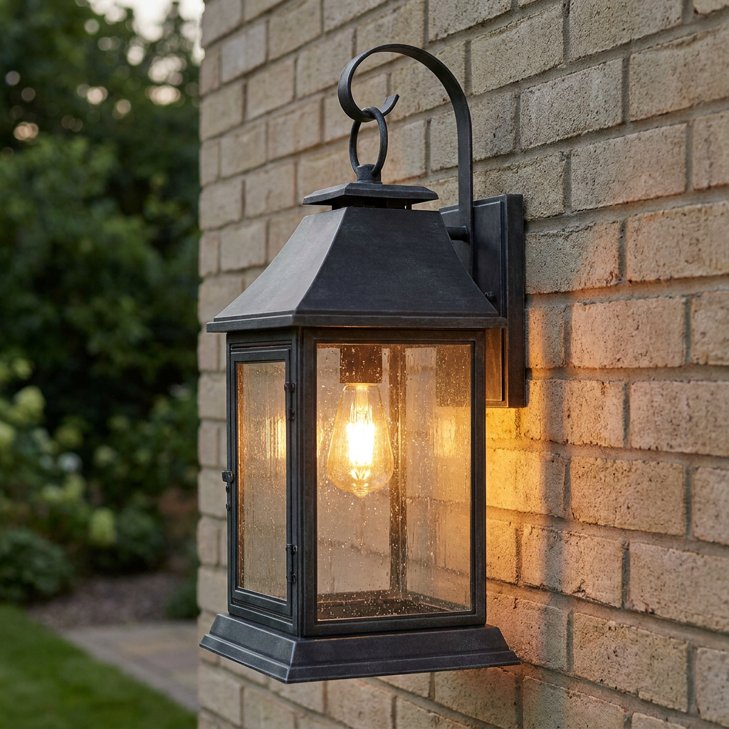 A zinc lantern-style wall light with seeded glass and a warm glowing bulb mounted on a brick wall.