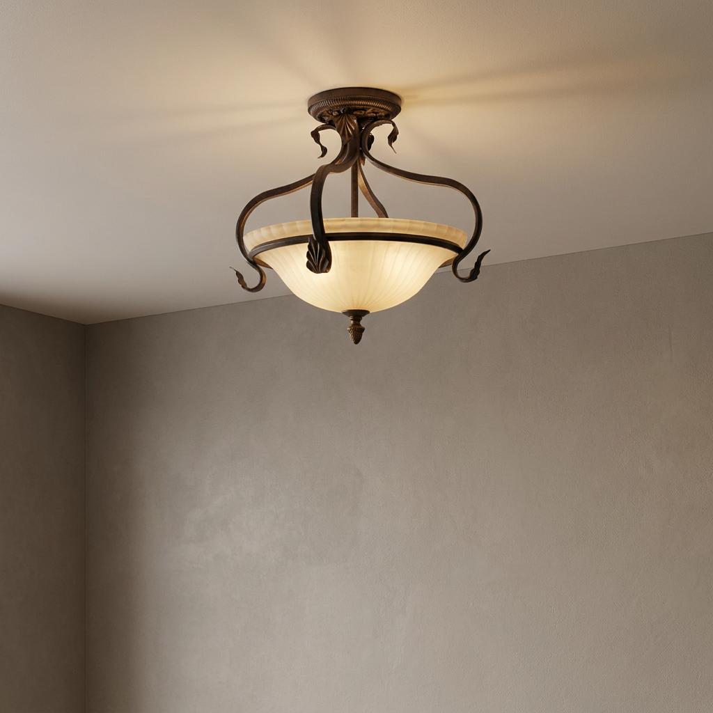 Feiss Sonoma semi-flush ceiling light with curved bronze arms and a glowing ribbed glass bowl shade.