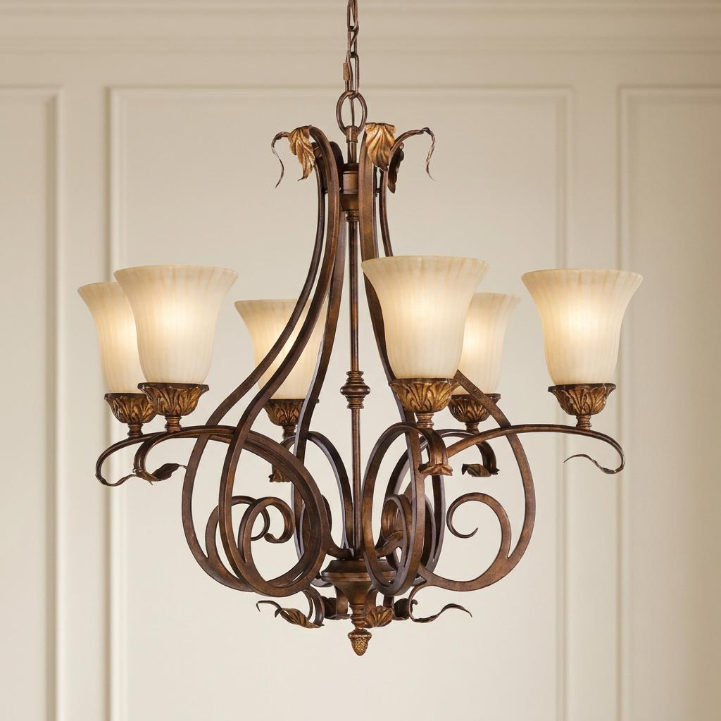 Ornate six-light chandelier in aged tortoise shell finish with frosted fluted glass shades against a paneled wall.