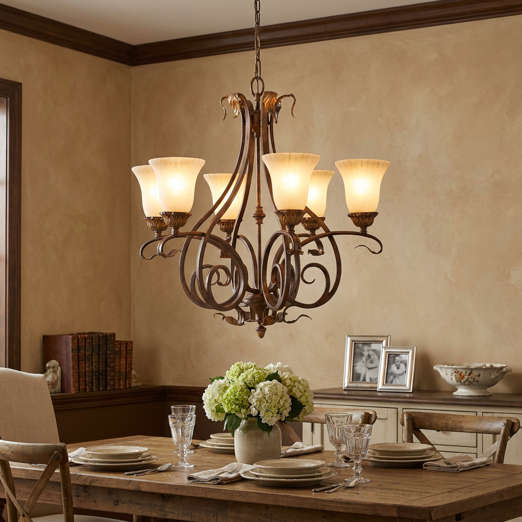 Feiss Sonoma Valley 6-light chandelier in aged tortoise shell finish hanging over a set dining room table.