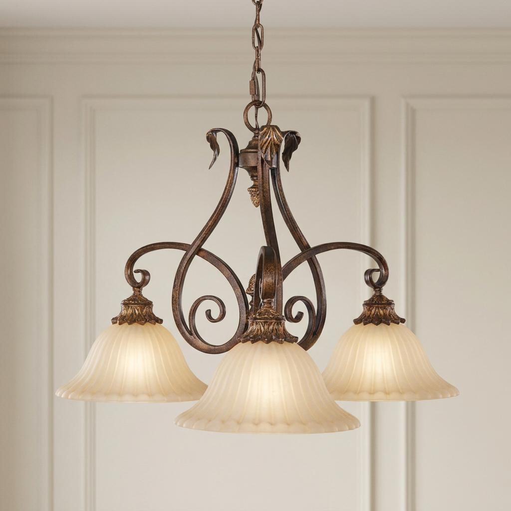 Elegant 3-light chandelier with tortoise shell scrollwork and fluted glass shades hanging in a neutral room.