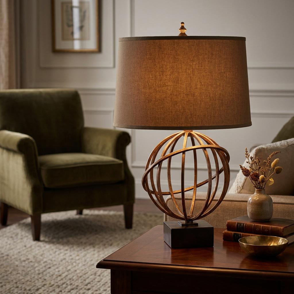 Feiss Spencer table lamp with gold orbital base and brown fabric shade on a wood table in a living room.