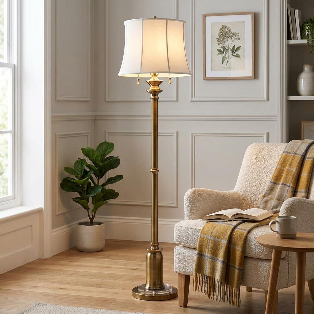 Feiss Stateroom brass floor lamp with a white linen shade illuminated next to a cozy armchair in a paneled living room.
