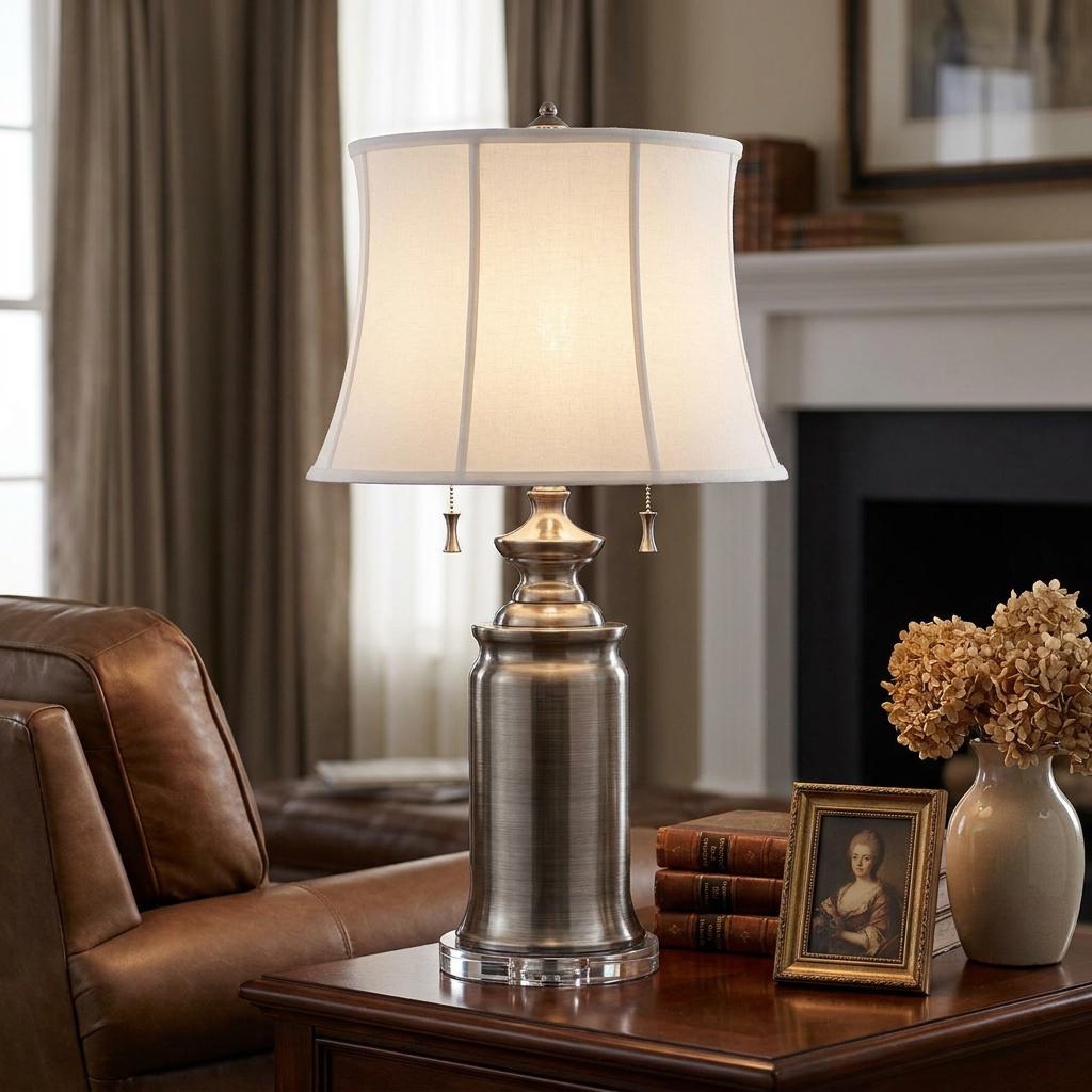 Traditional brushed nickel table lamp with white bell shade on a wooden side table in a cozy living room.