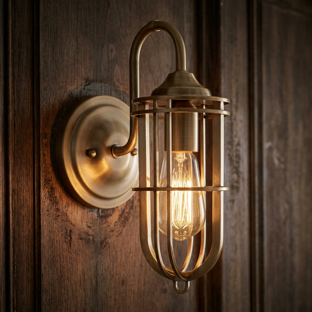 Antique brass industrial cage wall light with a glowing Edison bulb mounted on a dark wood panel.