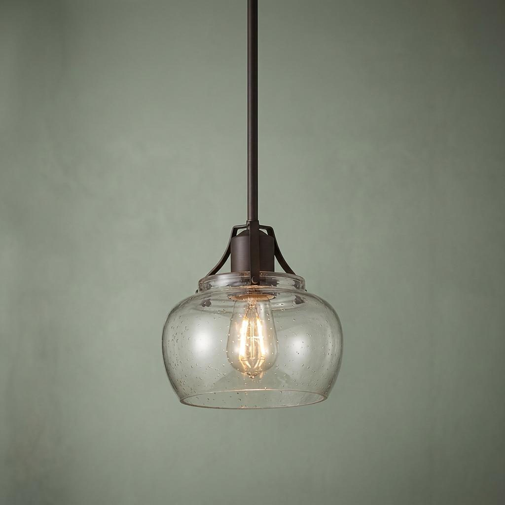 Feiss Urban Renewal mini pendant with a rustic iron finish and seeded glass shade against a sage green background.