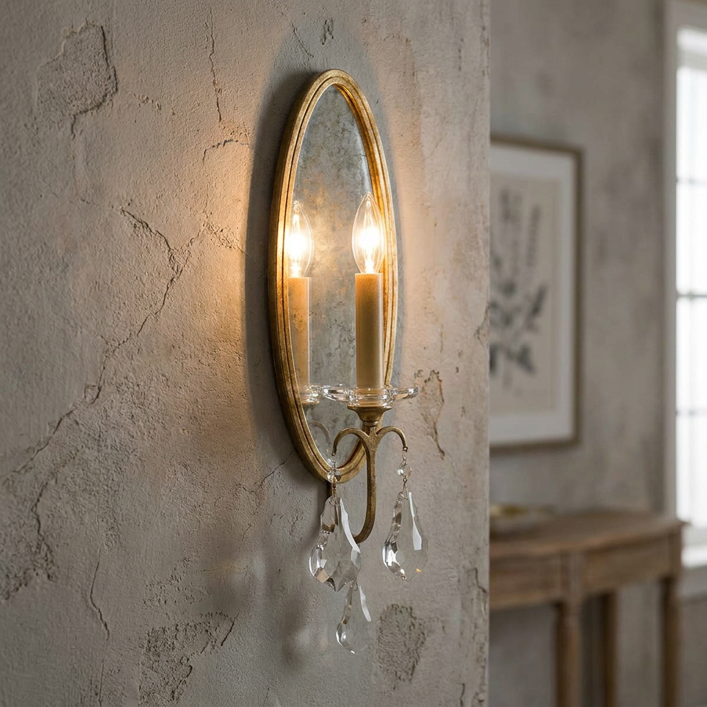 Feiss Valentina wall light with an oval mirrored backplate and hanging crystal droplets on a textured stone wall.
