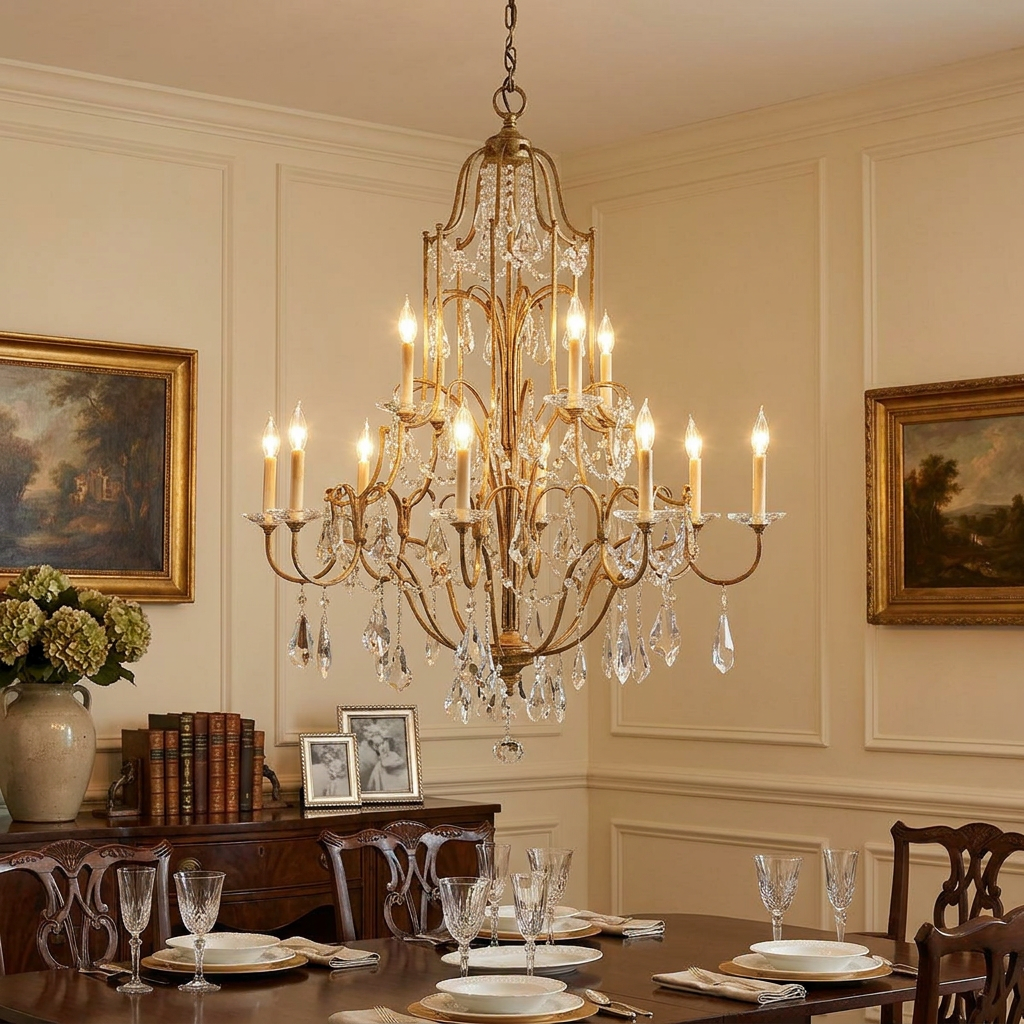 Ornate Feiss Valentina 12-light bronze chandelier with crystal accents in a traditional formal dining room.