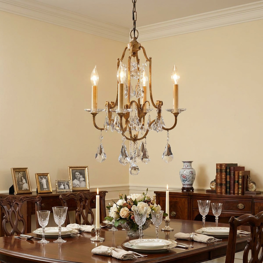 Traditional bronze 4-light chandelier with crystal drops hanging over a formal dining table.
