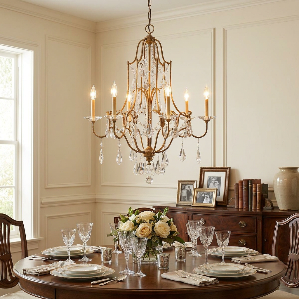 Ornate bronze six-light chandelier with crystal droplets hanging above a formal dining table with elegant settings.