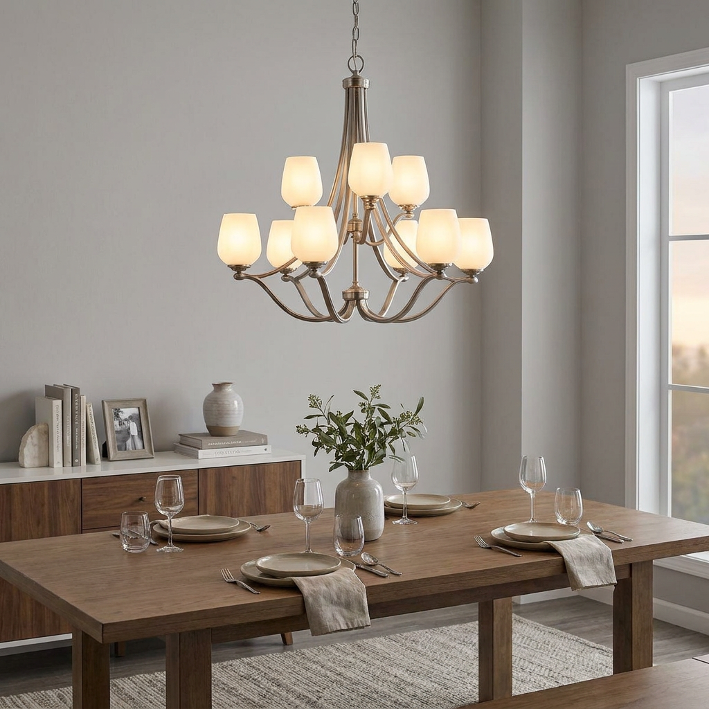 Satin nickel 9-light chandelier with frosted tulip shades illuminating a modern wooden dining room table.