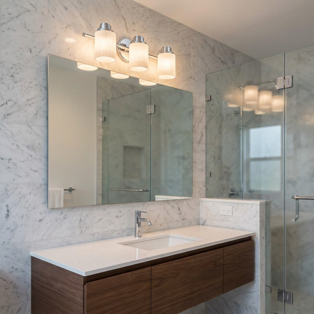 Feiss Wadsworth 3-light chrome vanity light with frosted shades above a mirror in a marble-tiled bathroom.