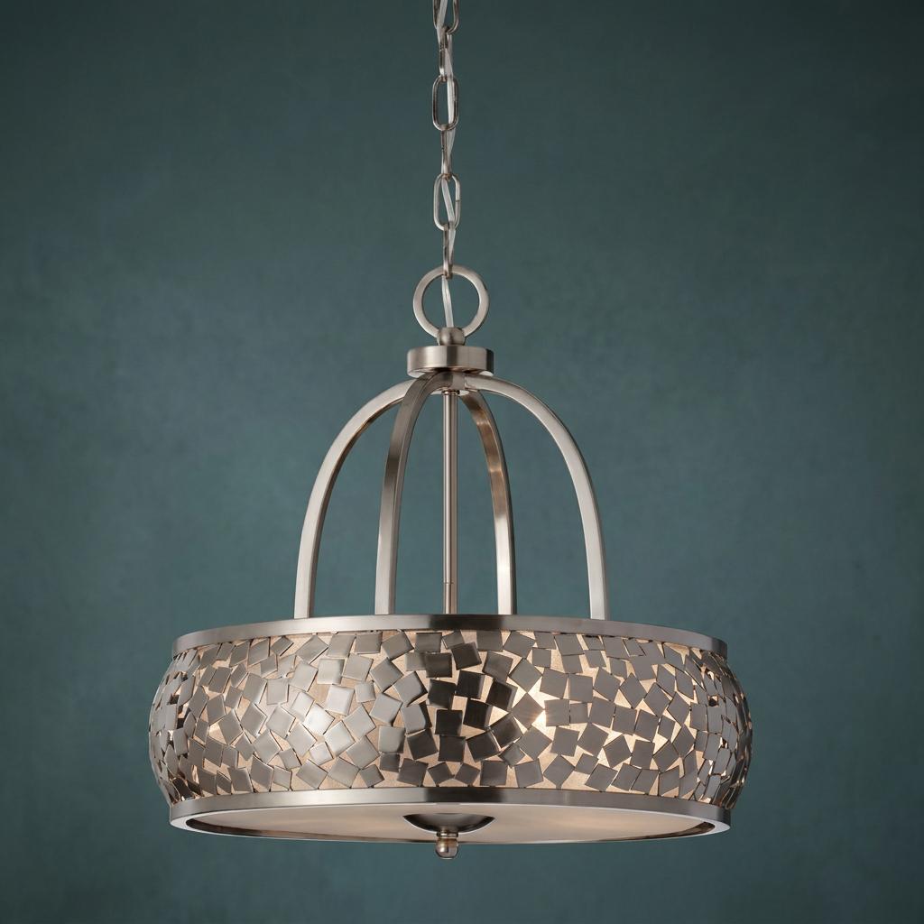 Feiss Zara 4 light brushed nickel pendant light with a mosaic drum shade and curved cage against a blue wall.