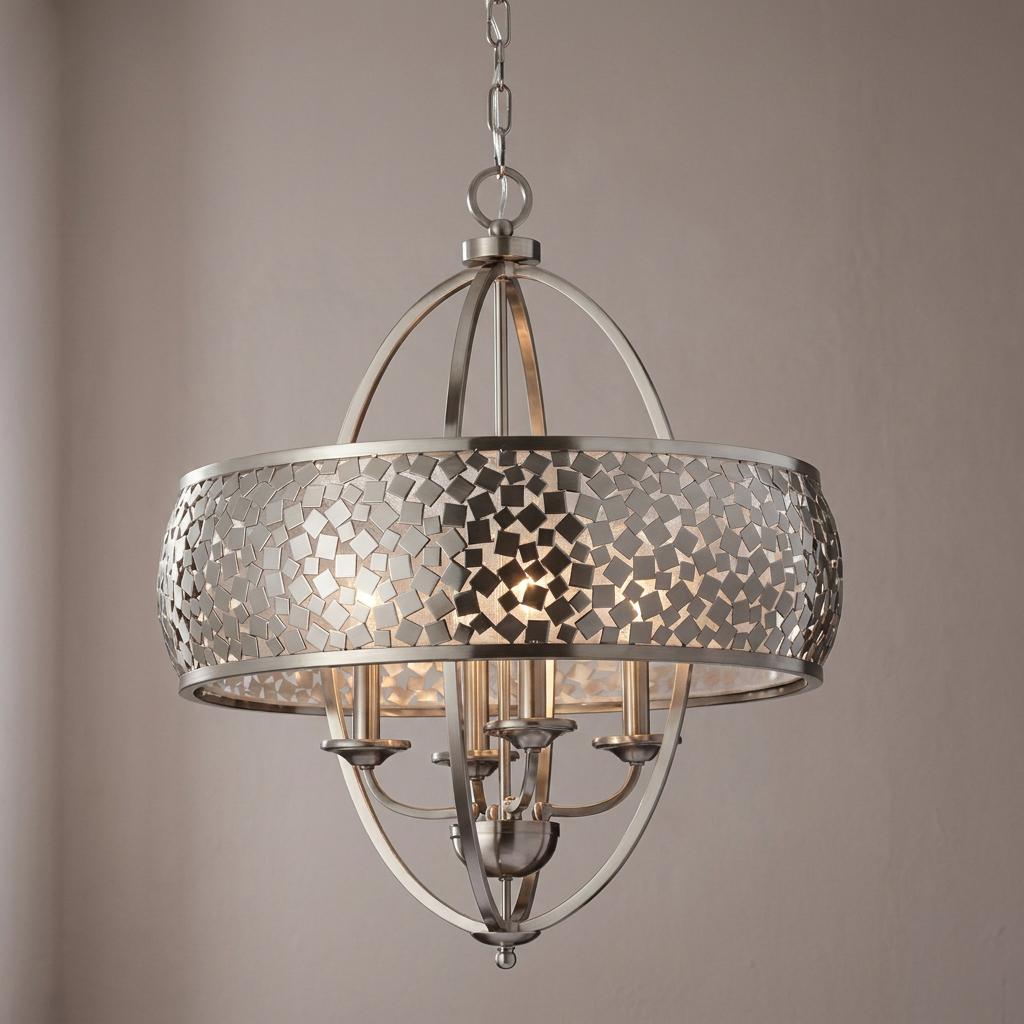 Chrome 4-light pendant featuring an orb frame and a decorative mosaic square-patterned drum shade.