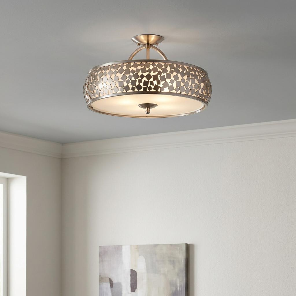 Feiss Zara silver semi-flush ceiling light featuring a geometric cutout metal shade and white diffuser.