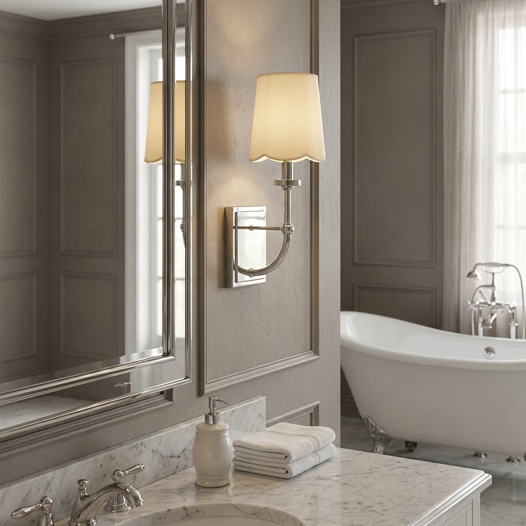 Polished chrome wall light with a scallop-edged cream shade mounted beside a mirror in an elegant bathroom.