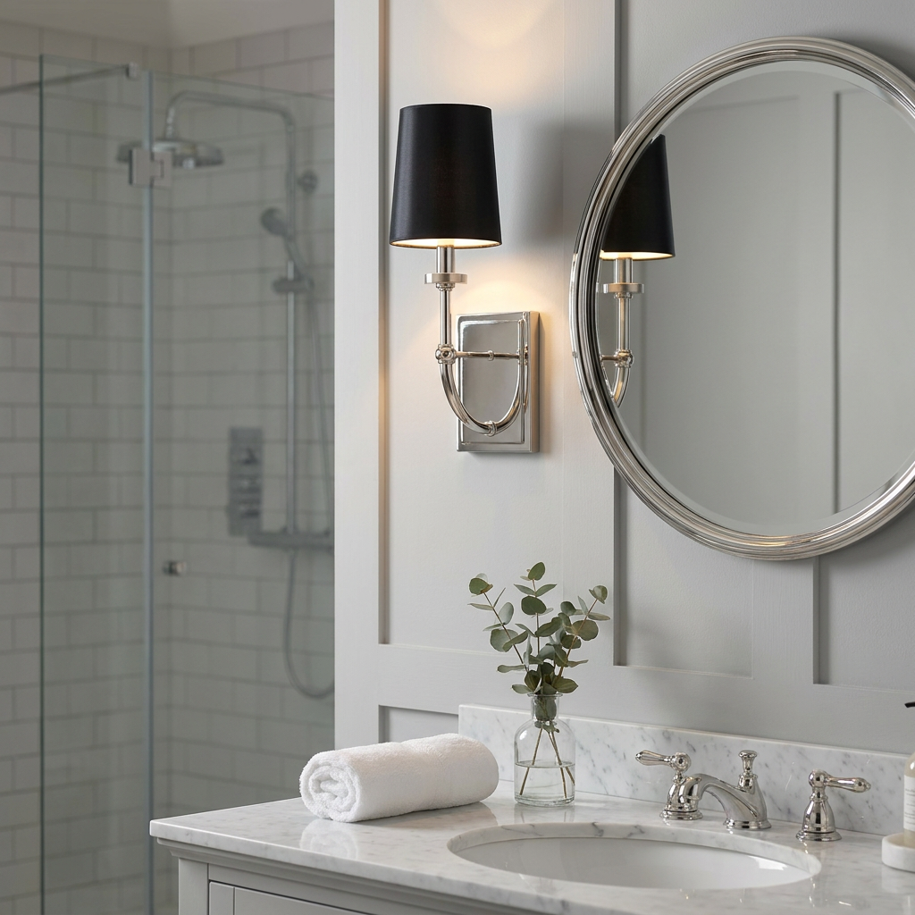 Polished chrome wall light with a black shade mounted next to a round mirror in a bathroom.