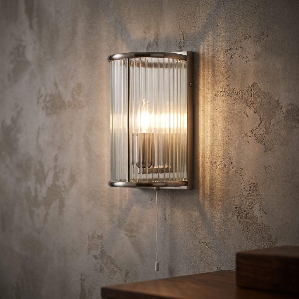 Fern antique chrome hallway wall light with a fluted glass shade, mounted on a textured concrete wall.