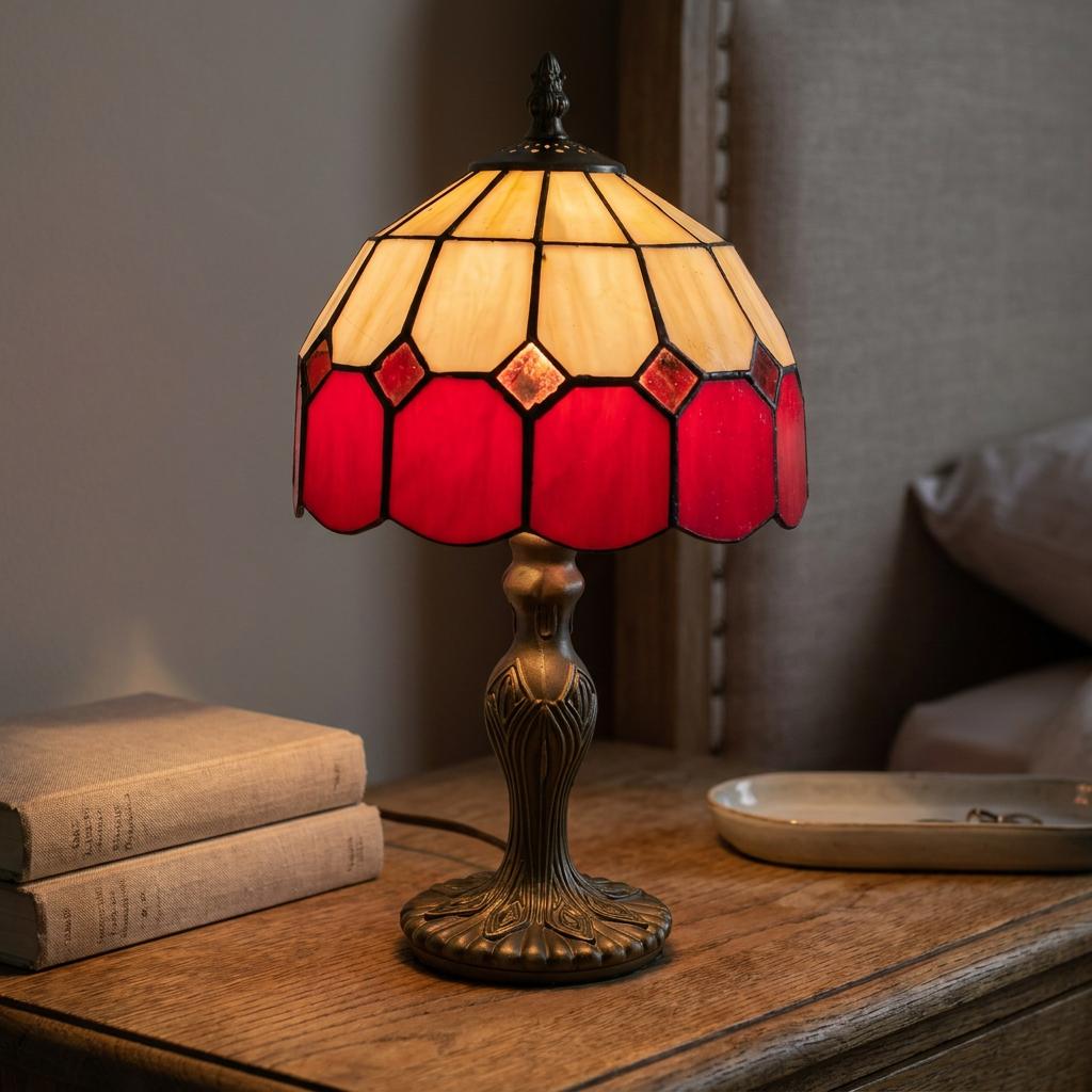 Tiffany bedside lamp with a red and white stained glass shade on a wooden nightstand beside books.