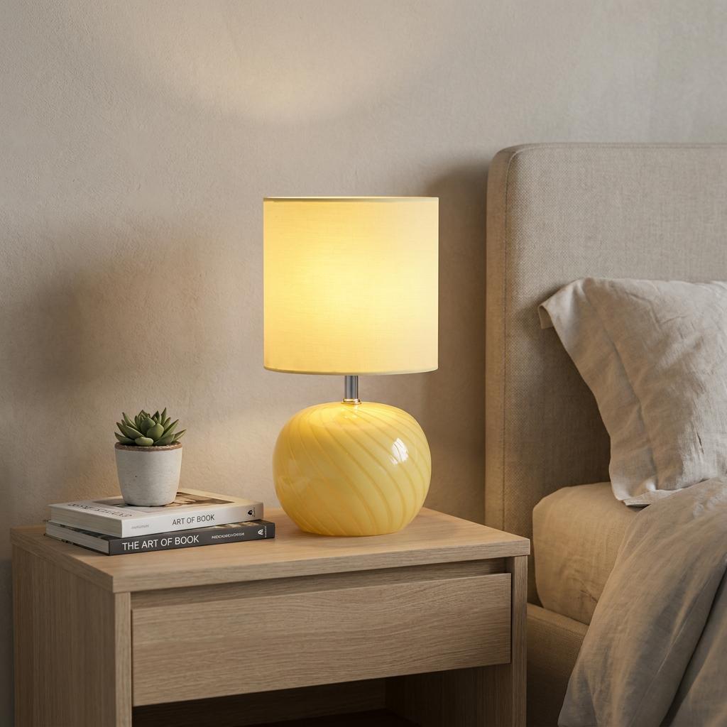 Yellow swirling glass table lamp with a cream shade, glowing on a wooden bedside table.