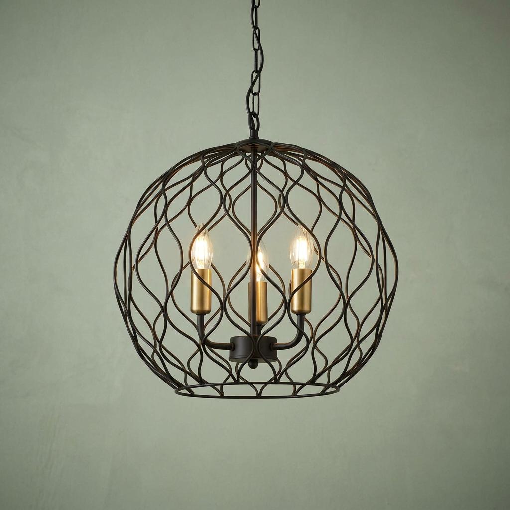 Finesse 3 light pendant with a black wavy bar cage, round frame, and gold bulb holders against a pale green wall.